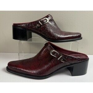 Vintage Franco Sarto Brown Leather Pointed Toe Western Mule Shoes Red Buckle 10
